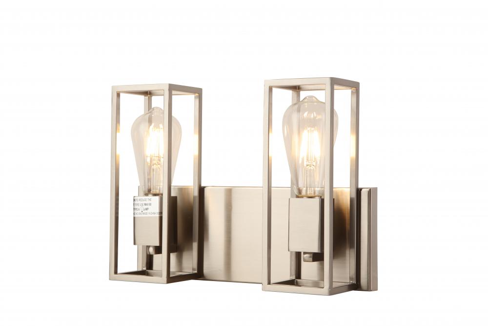 2x 60W E26 vanity in Satin Nickel finish . Dimensions : L=13" E=4.5" H=9.5"