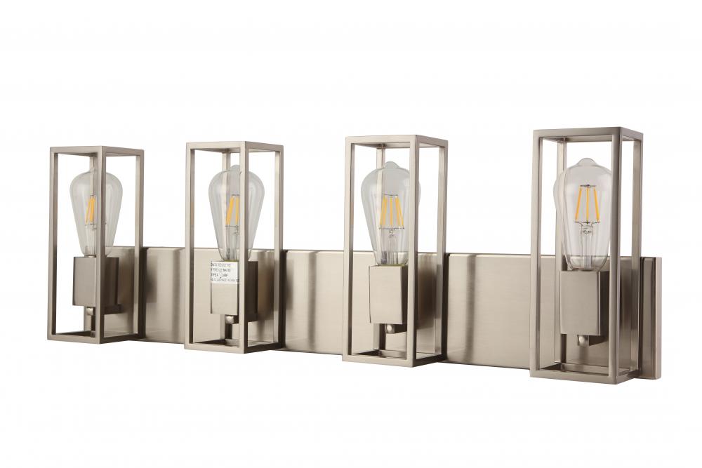 4x 60W E26 vanity in Satin Nickel Finish finish . Dimensions : L=29.5" E=4.5" H=9.5"