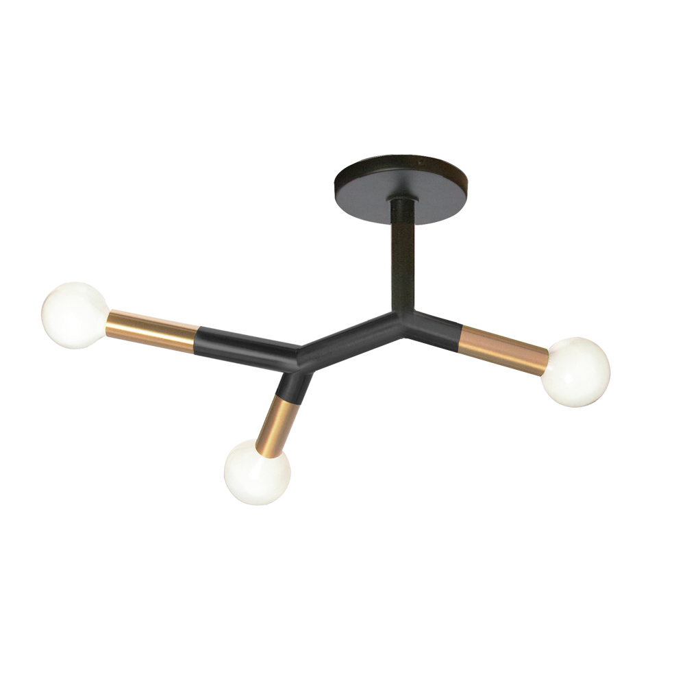 3 Light Semi Flush Mount, Matte Black & Aged Brass