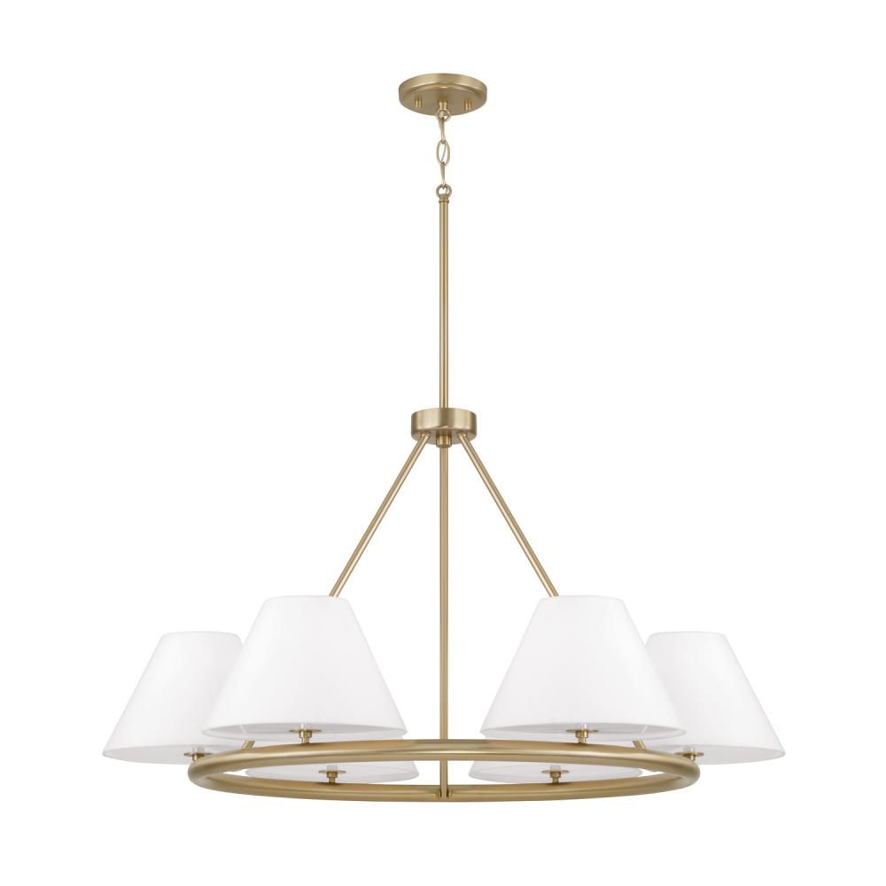 6-Light Circular Chandelier in Matte Brass with White Fabric Shades and Glass Diffusers