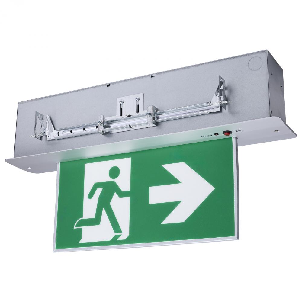 Running Man Green Edge Lit Exit Sign; 120-347V; 2HR backup; Single/Dual Face; Premium Flush Recessed