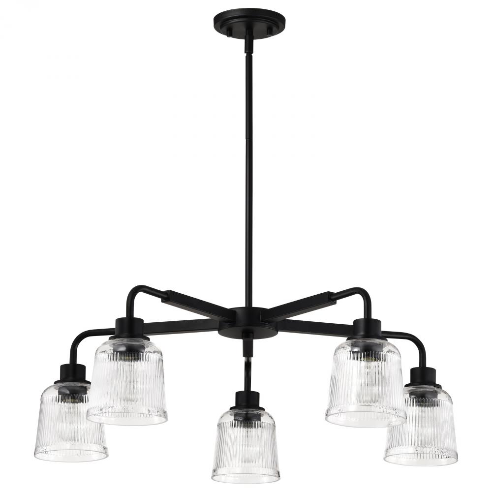 Grayson; 5 Light Chandelier; Matte Black Finish; Clear Ribbed Glass