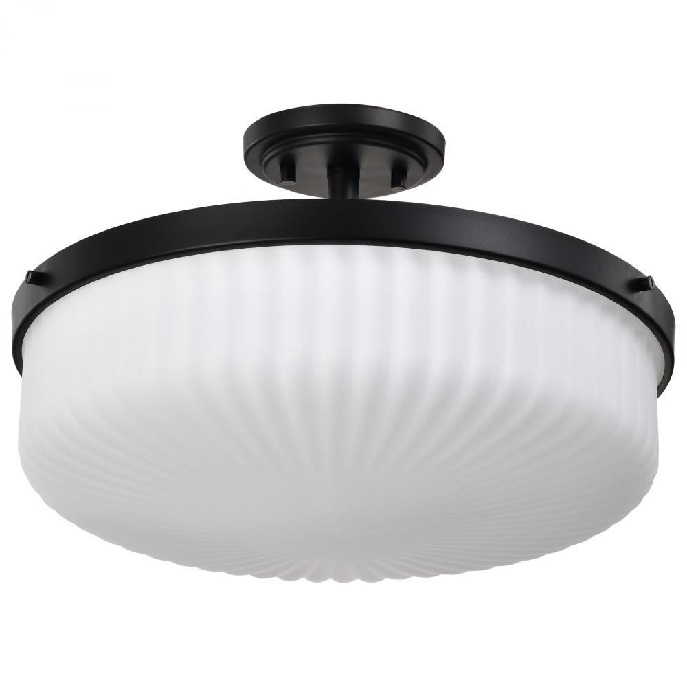 Solara; Semi Flush Mount; Matte Black Finish; Frosted Ribbed Glass