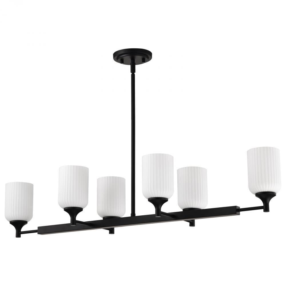 Solara; 6 Light Island Pendant; Matte Black Finish; Frosted Ribbed Glass