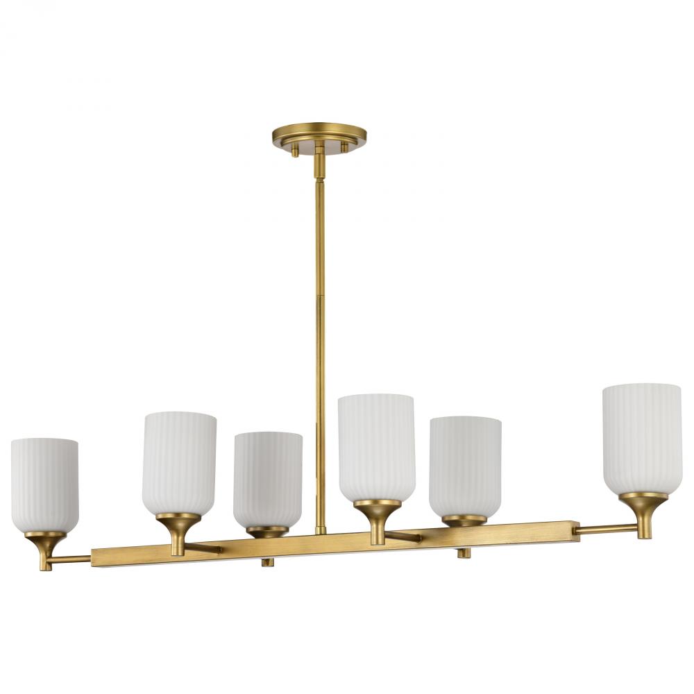 Solara; 6 Light Island Pendant; Natural Brass Finish; Frosted Ribbed Glass