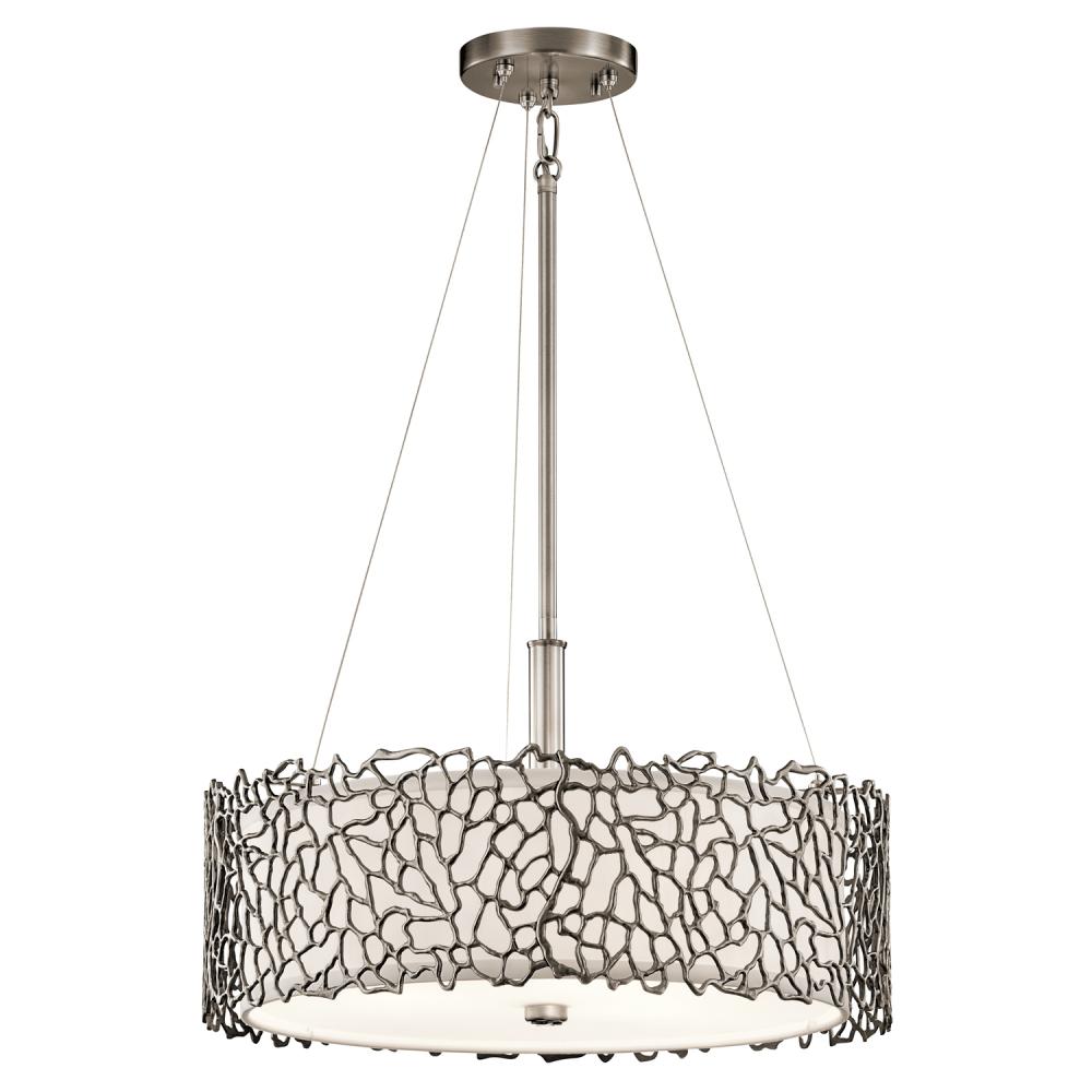 Silver Coral 11" 3 LT Convertible Pendant with Etched Diffuser and White Fabric Shade