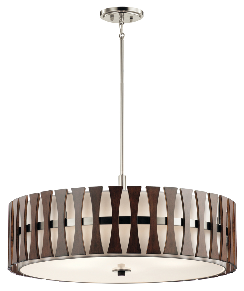 Cirus 14" 5 Light Convertible Pendant with Tempered Etched Glass and White Linen in Auburn Stain