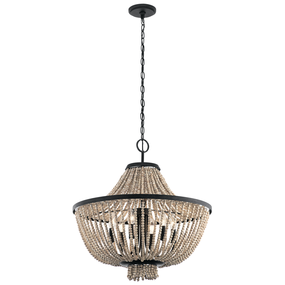 Brisbane 24.75" 6 Light Chandelier in Distressed Black with Distressed Antique White Beads