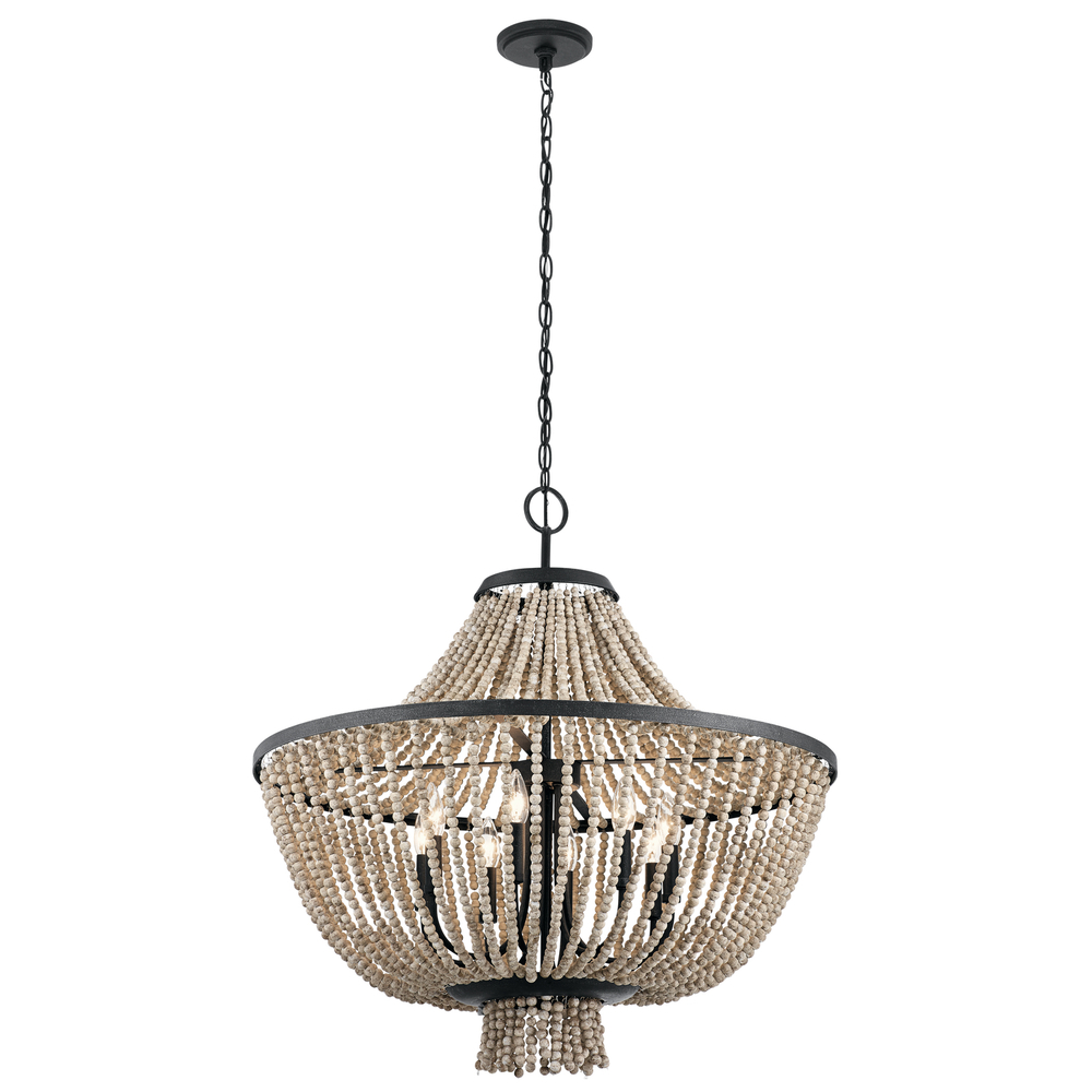 Brisbane 31.75" 8 Light Chandelier in Distressed Black with Distressed Antique White Beads