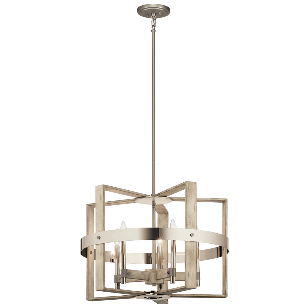 Peyton 17.75" 5 Light Chandelier White Washed Wood and Polished and Satin Nickel Metal Details