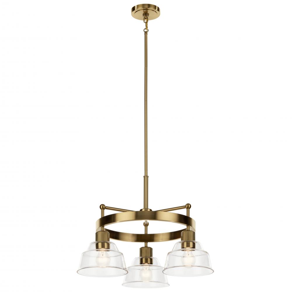 Eastmont 3 Light Chandelier with Clear Glass Brushed Natural Brass and Walnut Wood