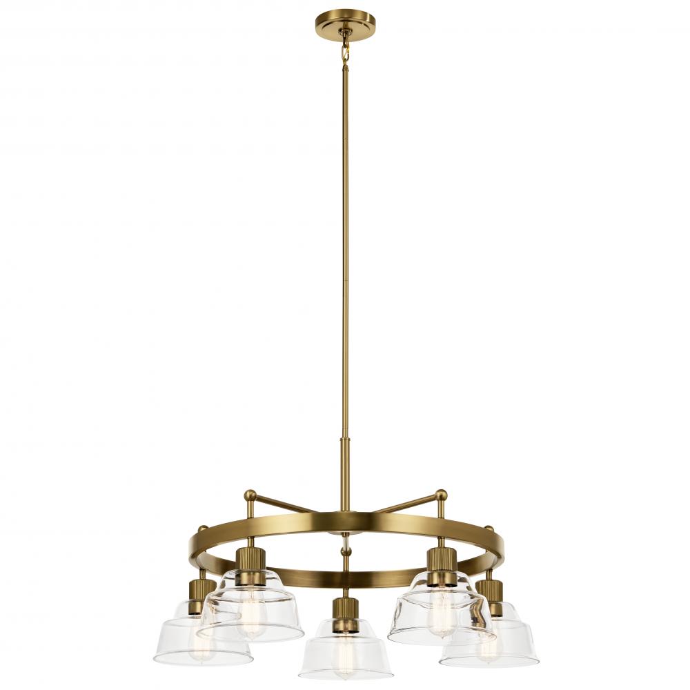 Eastmont 5 Light Chandelier with Clear Glass Brushed Natural Brass and Walnut Wood