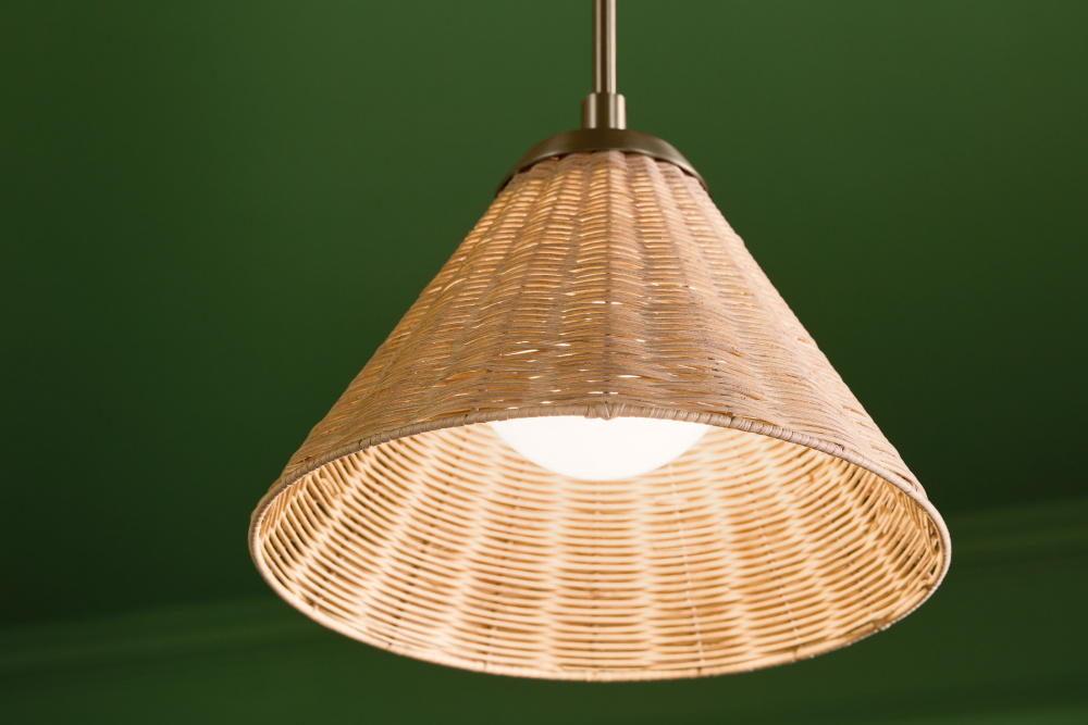 Bekah 14.25" 1 LT Convertible Pendant with Opal Glass and Handwoven Rattan Shade in Champagne Br