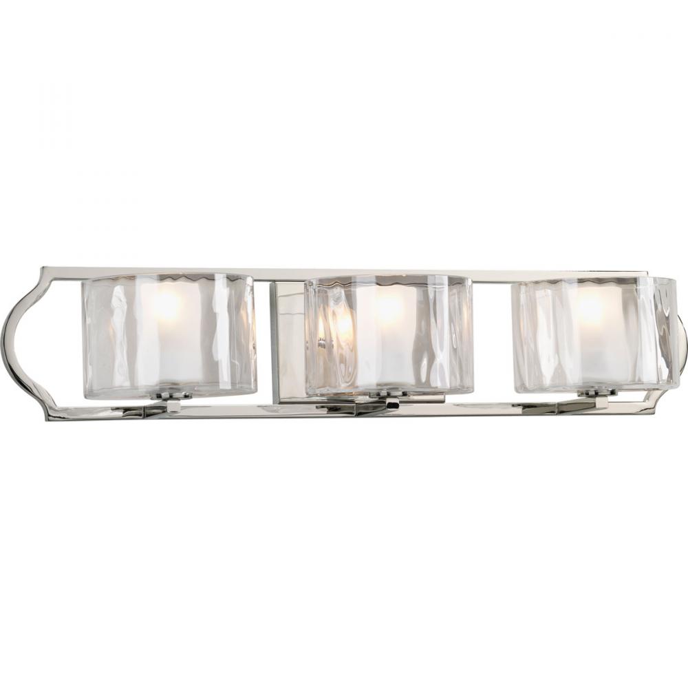 Caress Collection Three-Light Polished Nickel Clear Water Glass Luxe Bath Vanity Light