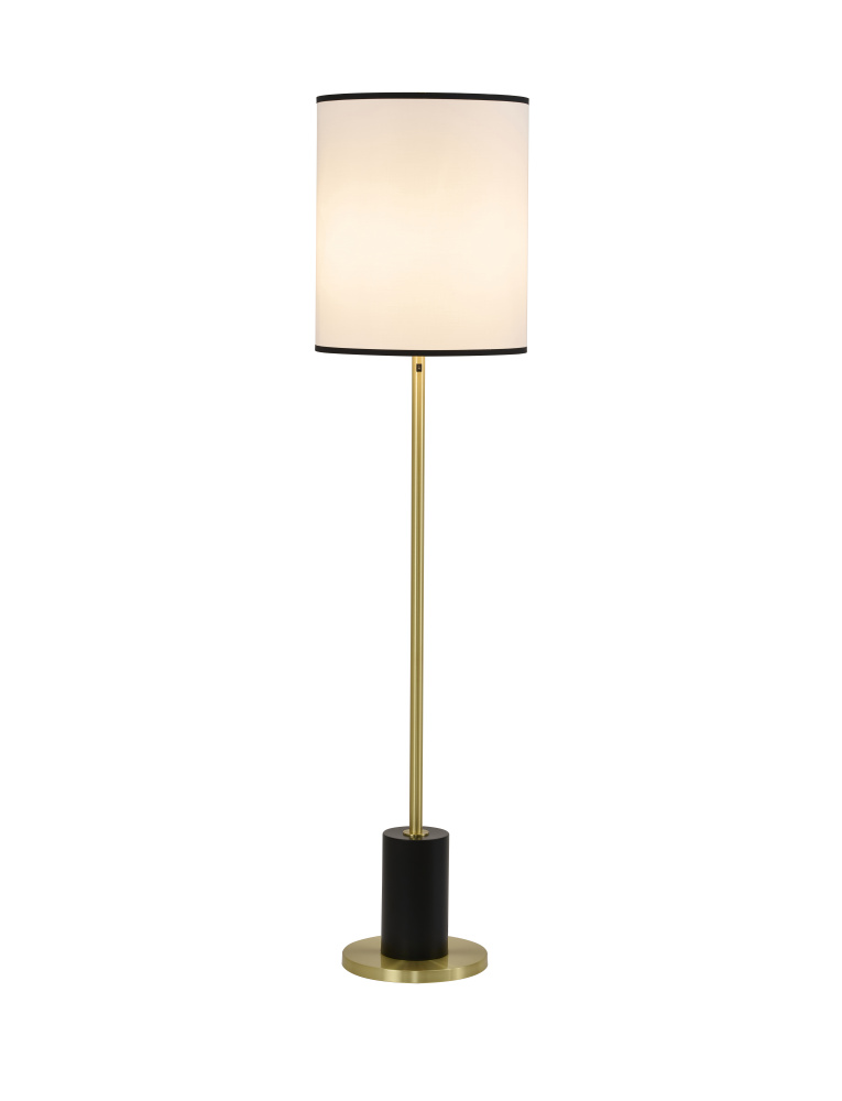 2-Light Black And Satin Brass Floor Lamp With A White Linen Shade