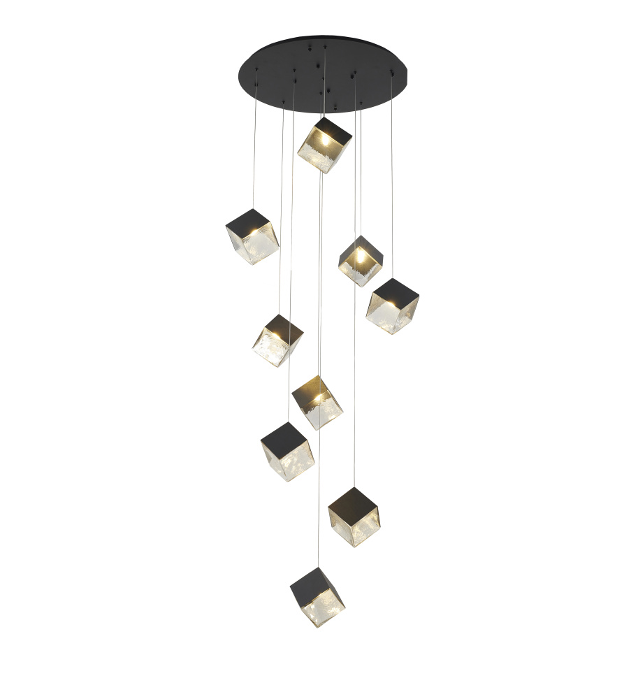 9-Light Black Cubed Chandelier With A Clear Distorted Glass Shades