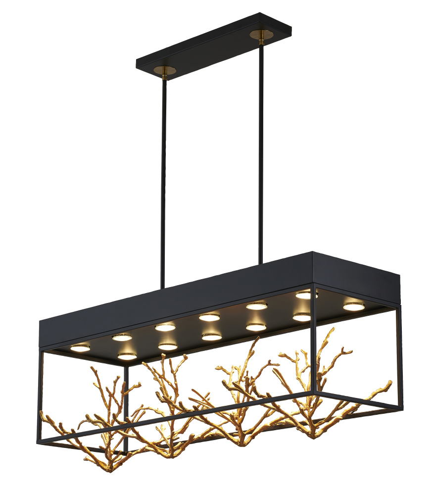 12-Light Matte Black Pendant With Gold Branch Accents