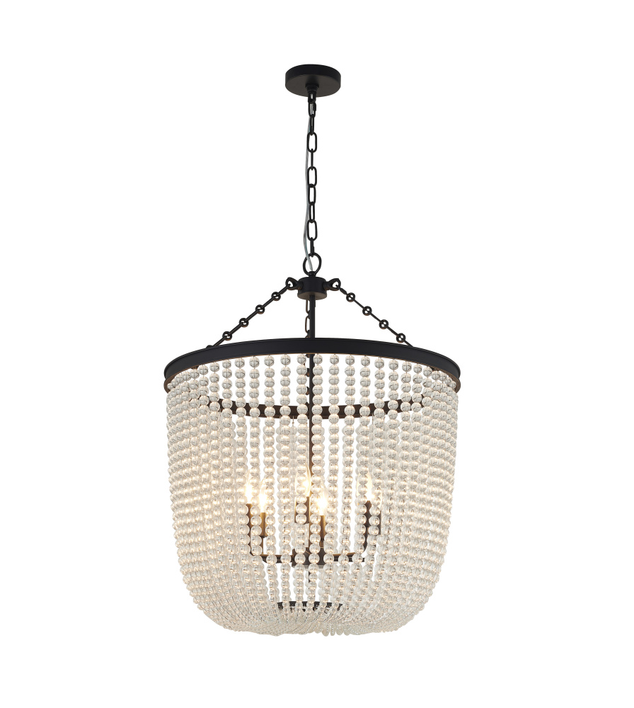 6-Light Satin Black Chandelier With Clear Beaded hanging Glass