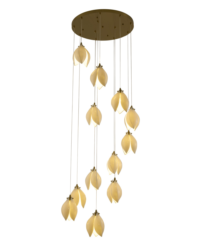 12-Light Bronze Single Pendant With Cream Ceramic Flowers