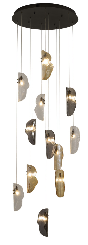 12-Light Black Chandelier With Clear, Smoke, And Amber Glass Accents