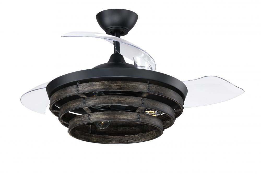 Whiskey 44" 3-Blade Ceiling Fan in Flat Black w/ Clear Acrylic Blades; Integrated Light Kit